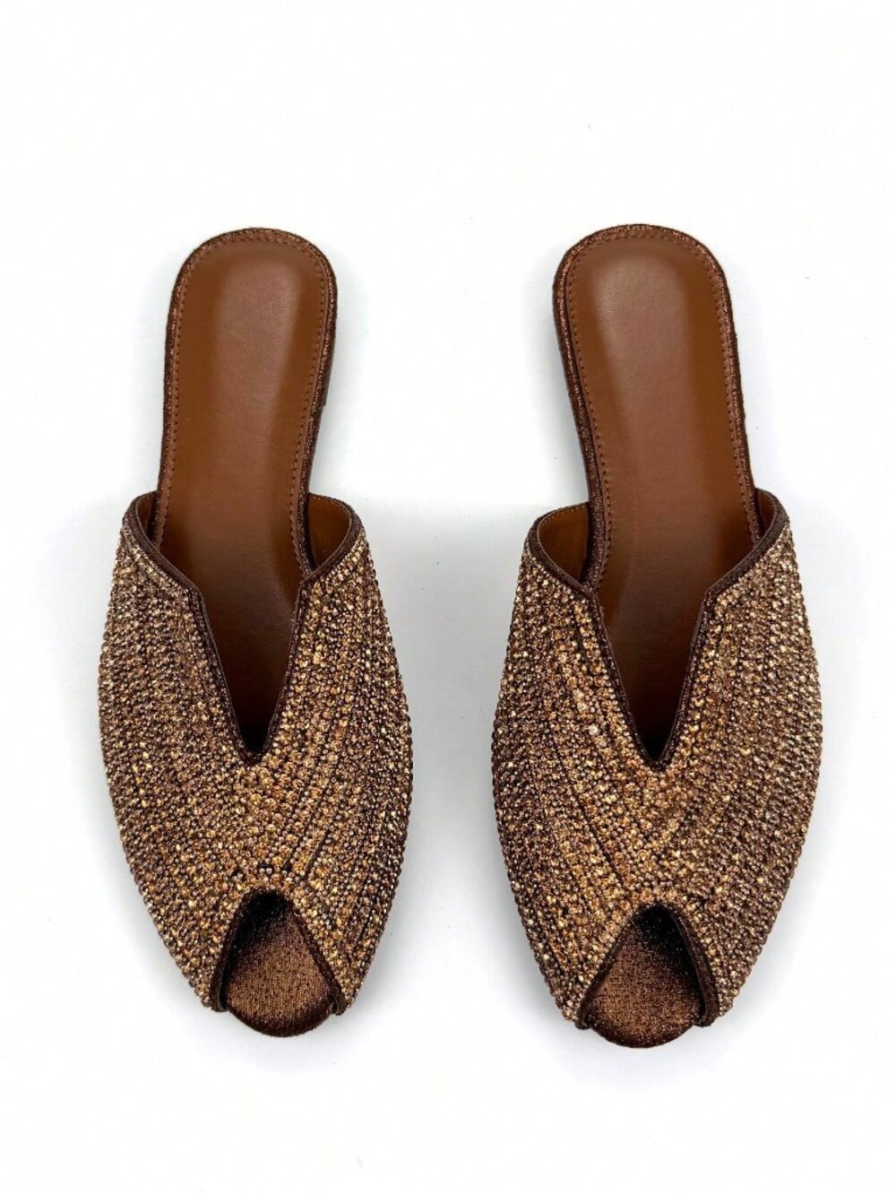 Bronze Fashionable Women's Rhinestoned V-Cut Slip-On Mule Flats - Picture 2 of 4